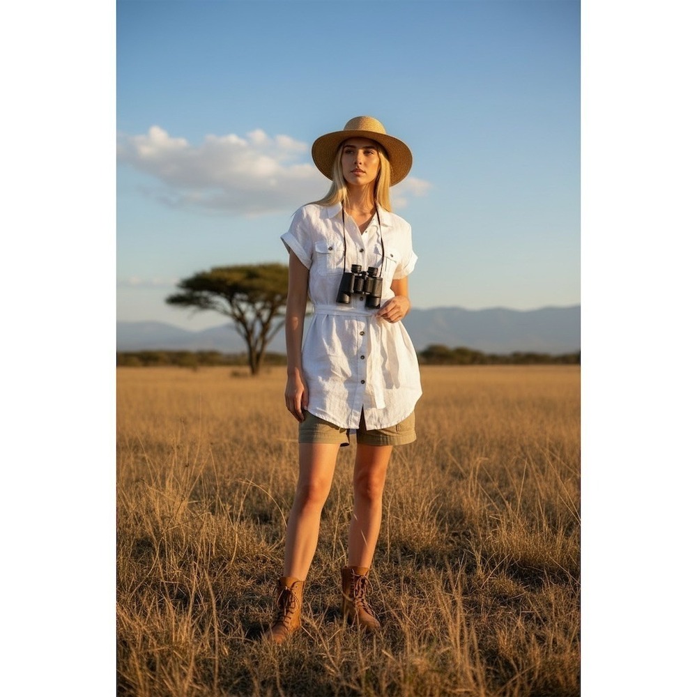 Saint Tropez West linen Shirt Dress Women M White Safari Utility resort vacation